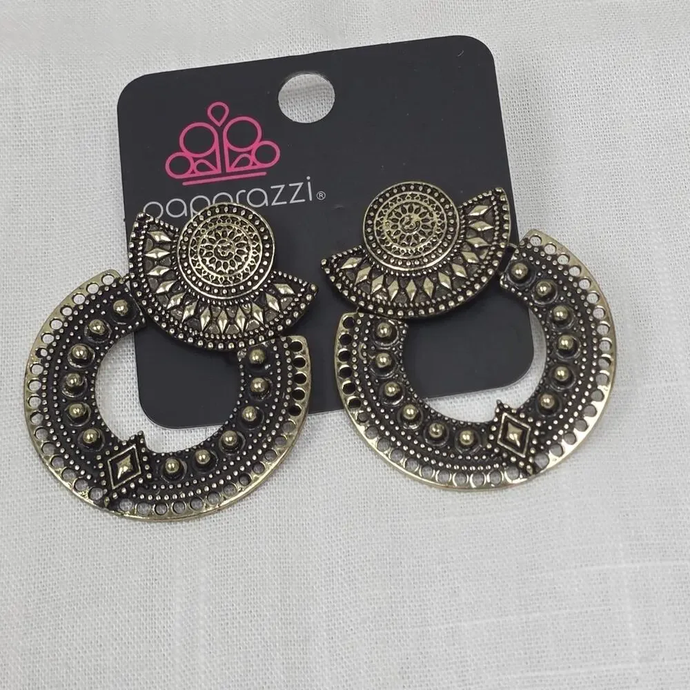 Paparazzi Antique Gold Tone Tribal Boho Hoop Dangle Earrings Geometric Statement